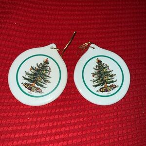 Pair of Vintage Spode Porcelain ornaments with classic Christmas Tree pattern